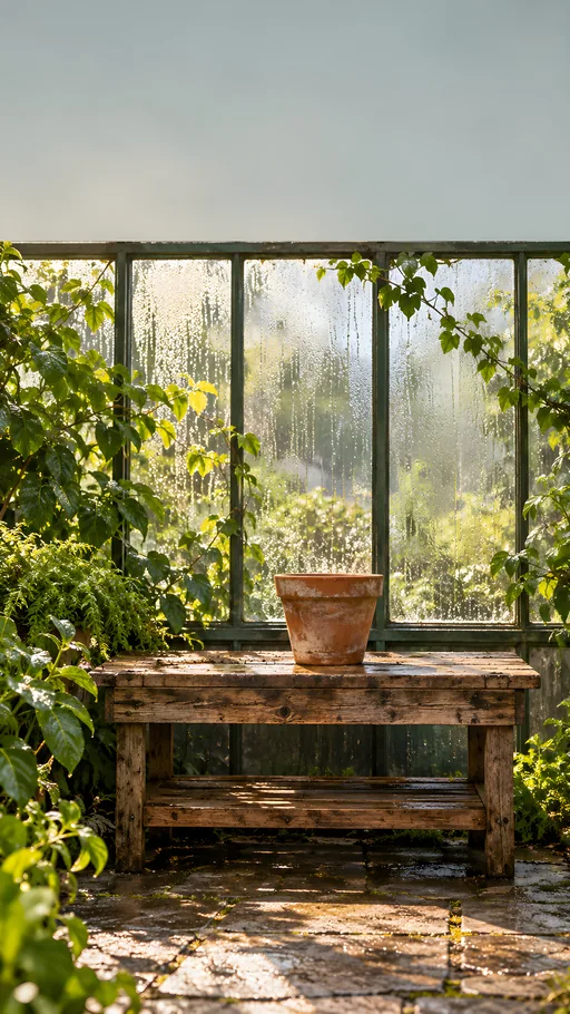 Potting Bench Under Misted Glass — Flowers & Plants wallpaper