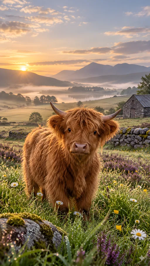 Highland Calf in Wildflowers — Animals & Wildlife wallpaper