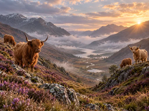 Highland Herd in a Heather Valley — Animals & Wildlife wallpaper