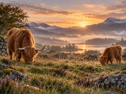Highland Mother and Calf at Dawn — Animals & Wildlife wallpaper