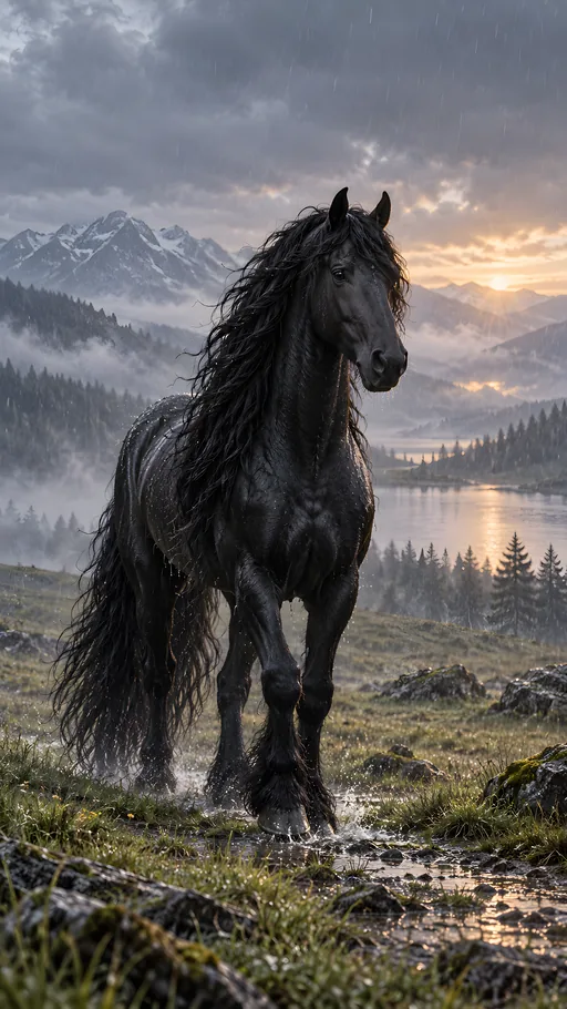 Black Friesian in Silver Rain — Animals & Wildlife wallpaper