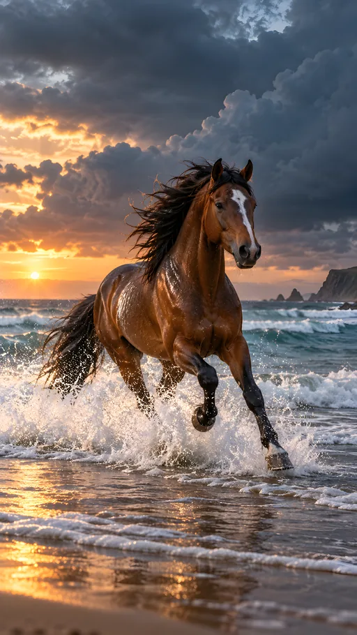 Mustang Galloping Through Surf — Animals & Wildlife wallpaper