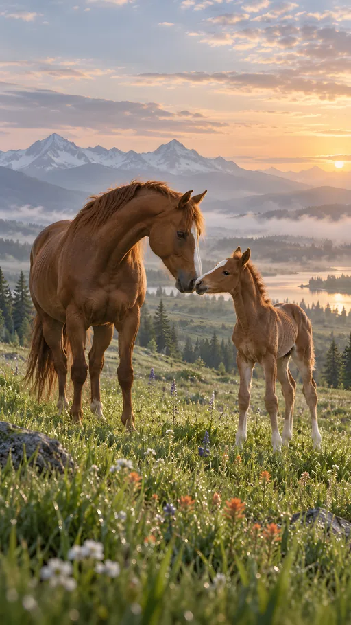 Mare and Foal in a Spring Meadow — Animals & Wildlife wallpaper