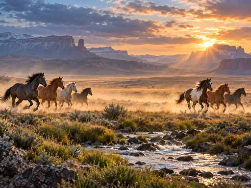 Mustang Herd on an Ochre Plain — Animals & Wildlife wallpaper