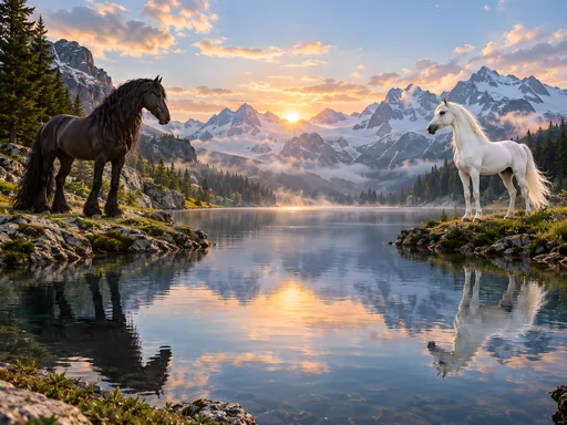 Friesian and Arabian at an Alpine Lake — Animals & Wildlife wallpaper