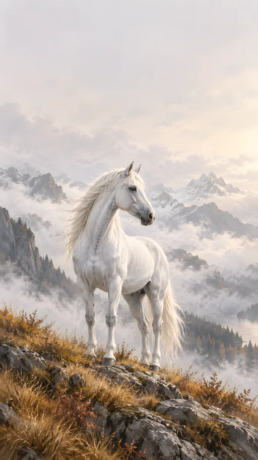 White Horse in Mountain Mist — Animals & Wildlife wallpaper