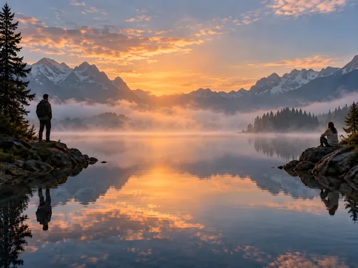 Silhouettes Across a Misty Lake — People & Portraits wallpaper