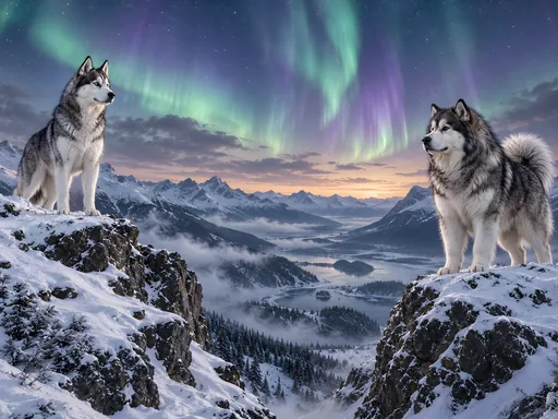 Husky and Malamute Under the Aurora — Pets wallpaper