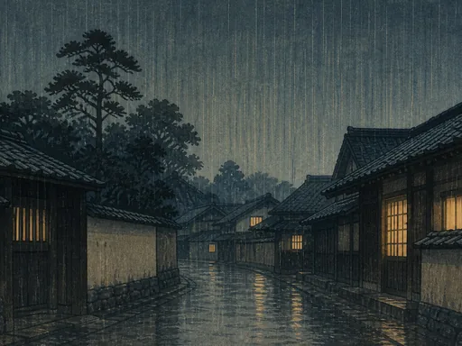 Original Japanese Woodblock-inspired Rainy Street — Art & Illustration Galaxy Fold wallpaper