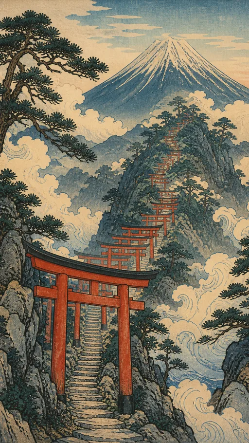 Tall Woodblock-inspired Scene — Art & Illustration wallpaper