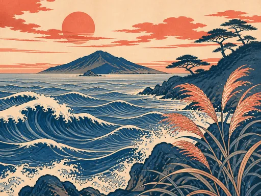 Broad Woodblock-inspired Coastal View — Art & Illustration Galaxy Fold wallpaper