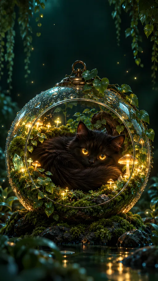 Black Cat in a Glowing Terrarium — Pets wallpaper