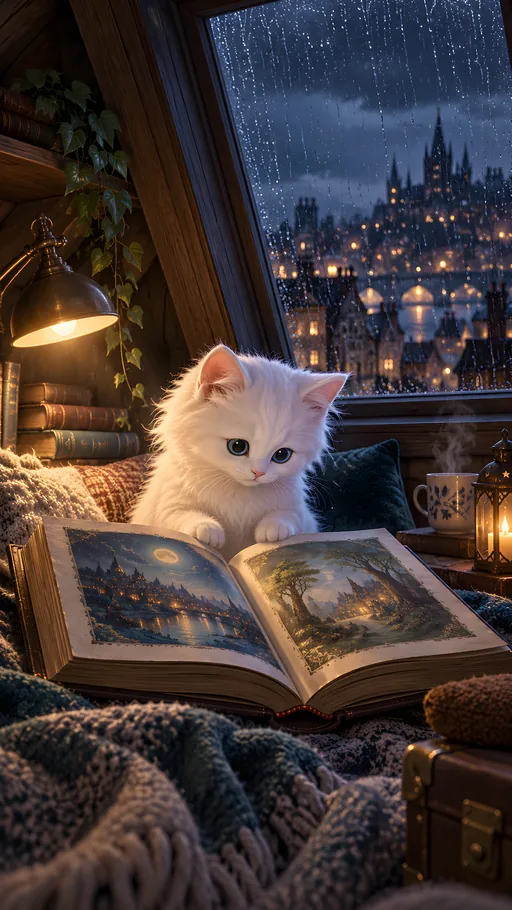 White Kitten with a Storybook — Pets wallpaper