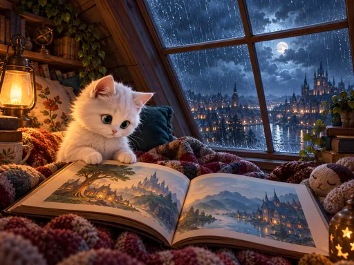 White Kitten with a Storybook — Pets wallpaper