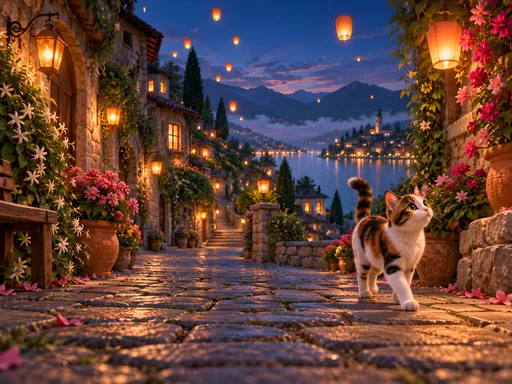 Calico Cat in a Lantern Alley — Pets wallpaper