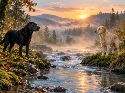 Labs by a Misty Stream — Pets wallpaper