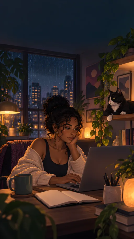 Late-Night Coding with a Cat — Anime wallpaper