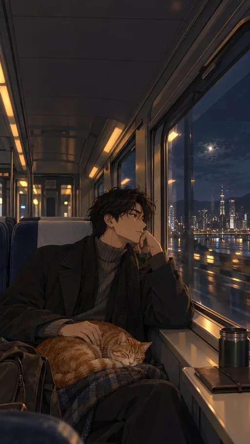 Night Train with a Ginger Cat — Anime wallpaper