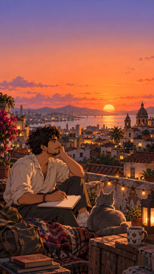 Rooftop Sketching with a Cat — Anime wallpaper