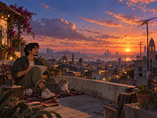 Rooftop Sketching with a Cat — Anime wallpaper