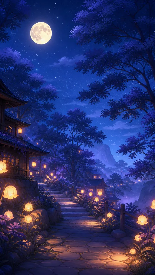 Tall Moonlit Village Path Lined — Fantasy wallpaper