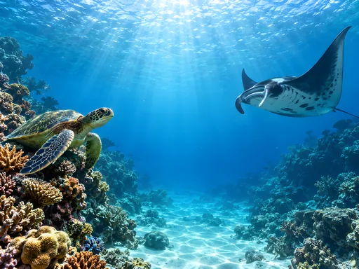 Turtle and Manta Over the Reef — Animals & Wildlife wallpaper