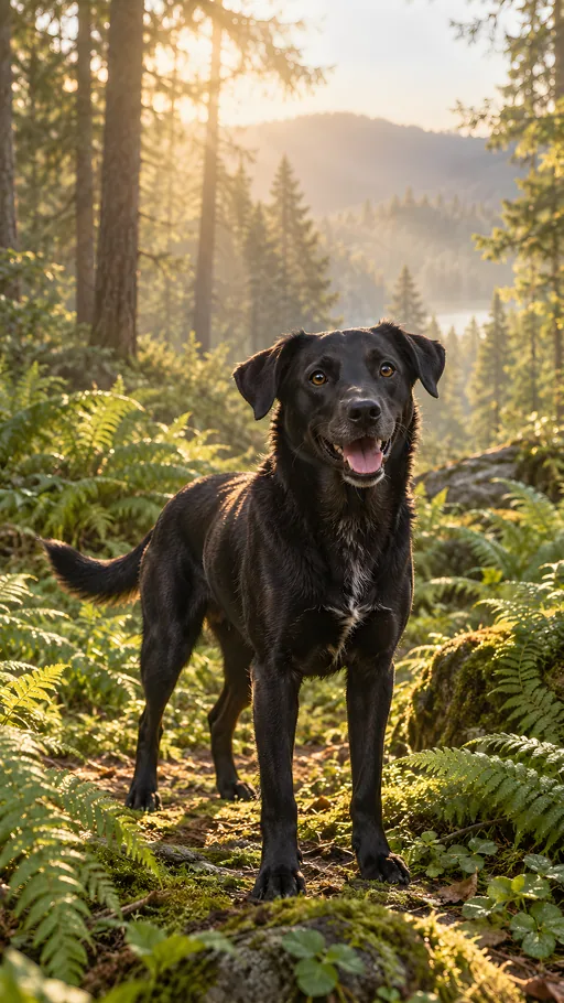 Black Dog in a Fern Forest — Pets wallpaper