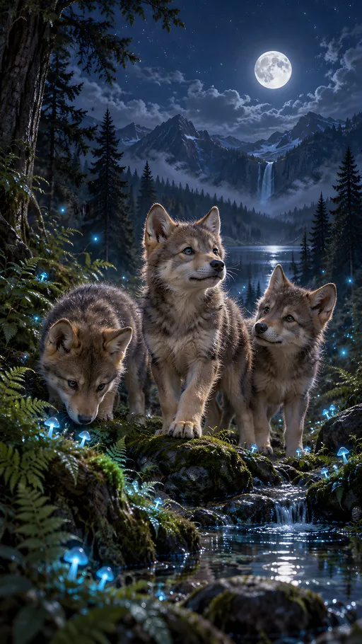 Wolf Cubs in a Firefly Glade — Animals & Wildlife wallpaper
