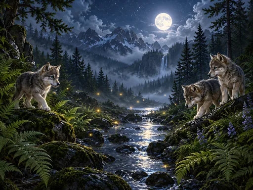 Wolf Cubs in a Firefly Glade — Animals & Wildlife wallpaper