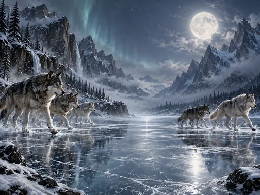 Wolf Pack on a Frozen Lake — Animals & Wildlife wallpaper