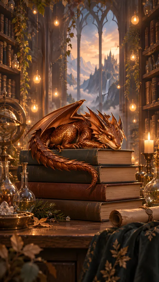 Tiny Dragon in the Library — Fantasy wallpaper