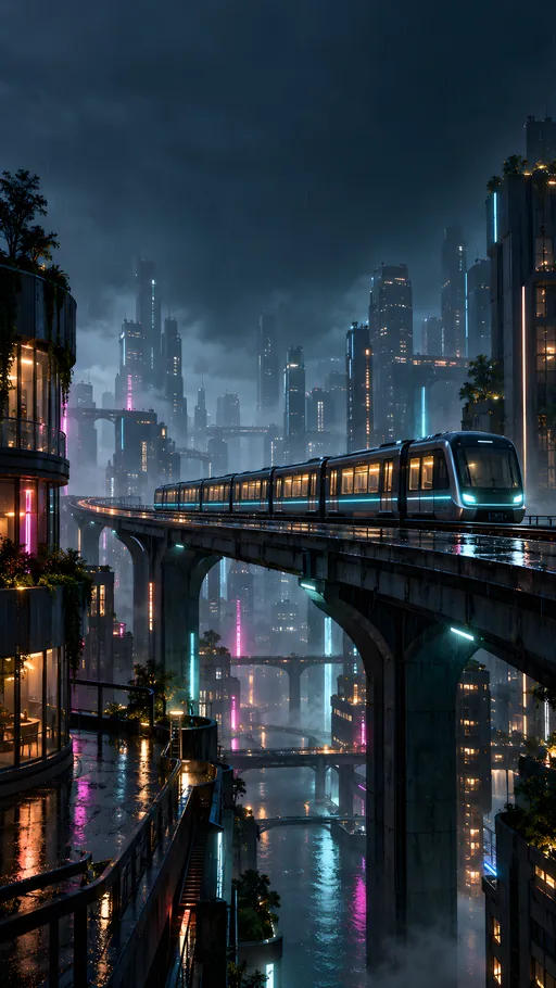 Elevated Train Through a Night City — Cities & Architecture wallpaper