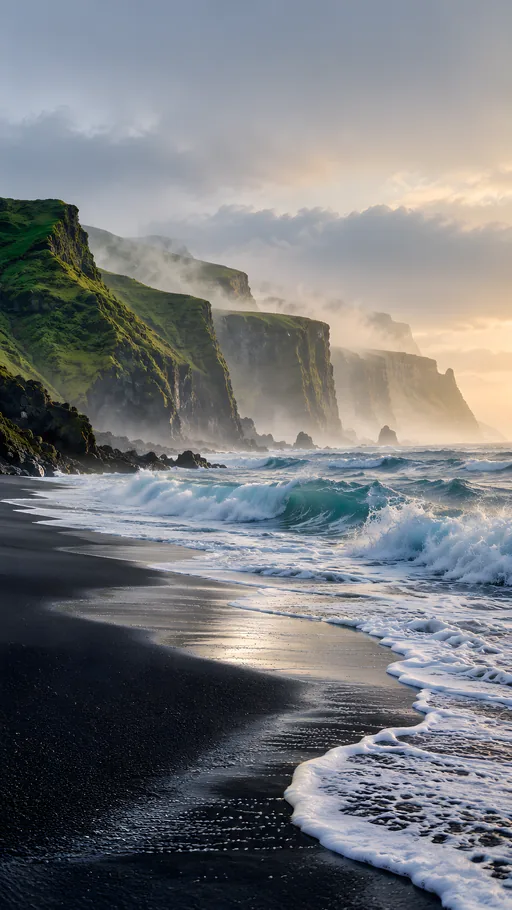 Black Sand Beach and Sea Cliffs — Nature & Landscapes wallpaper