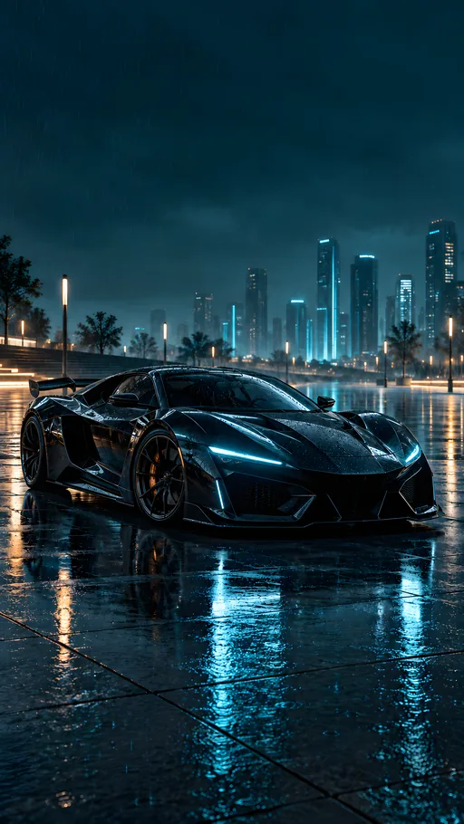 Black Hypercar in Cyan Rain — Cars & Vehicles phone wallpaper