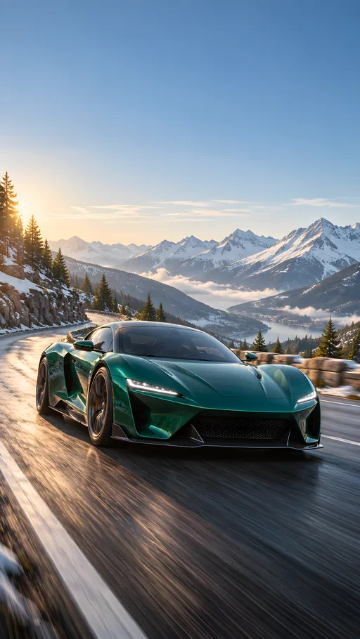 Emerald Car on an Alpine Pass — Cars & Vehicles phone wallpaper