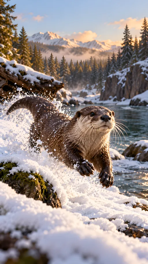 River Otter Leaping Through Snow — Animals & Wildlife wallpaper