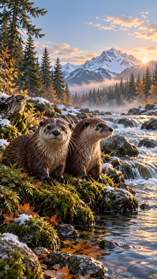 Young Otters on a Mossy Bank — Animals & Wildlife wallpaper