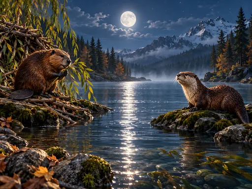 Beavers on Moonlit Shores — Animals & Wildlife wallpaper