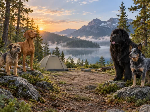 Dogs at a Forest Campsite — Pets wallpaper