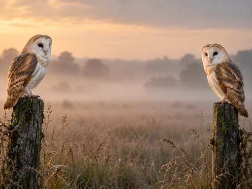 Two Barn Owls in Meadow Haze — Animals & Wildlife wallpaper