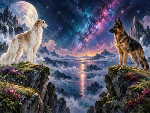 Painterly Dogs in Celestial Landscapes — Pets wallpaper