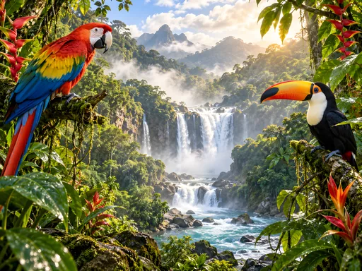 Toucans by a Jungle Waterfall — Animals & Wildlife wallpaper