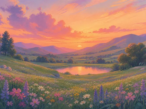 Wide Animated Pastel Meadow — Art & Illustration Galaxy Fold wallpaper