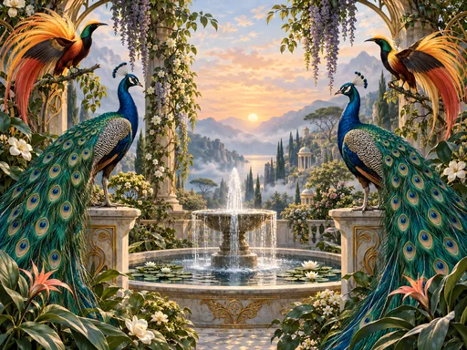 Peacocks Around a Fountain — Animals & Wildlife wallpaper