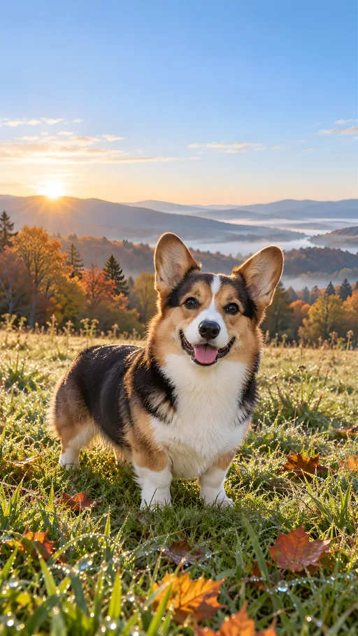 Smiling Corgi in a Dewy Meadow — Pets wallpaper