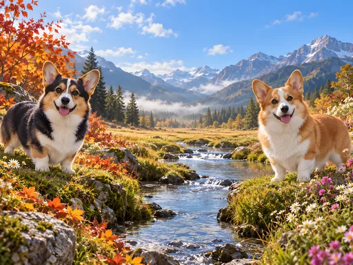 Corgis in a Flower Field — Pets wallpaper