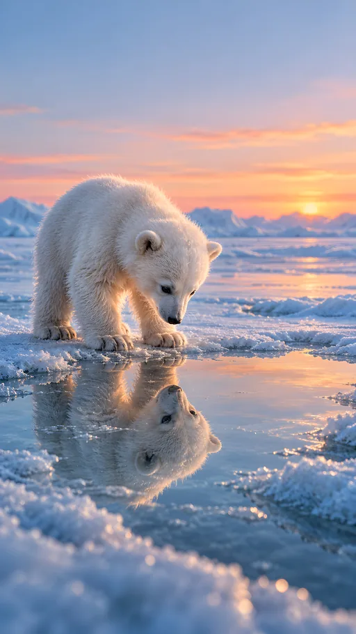 Polar Bear Cub and Its Reflection — Animals & Wildlife wallpaper