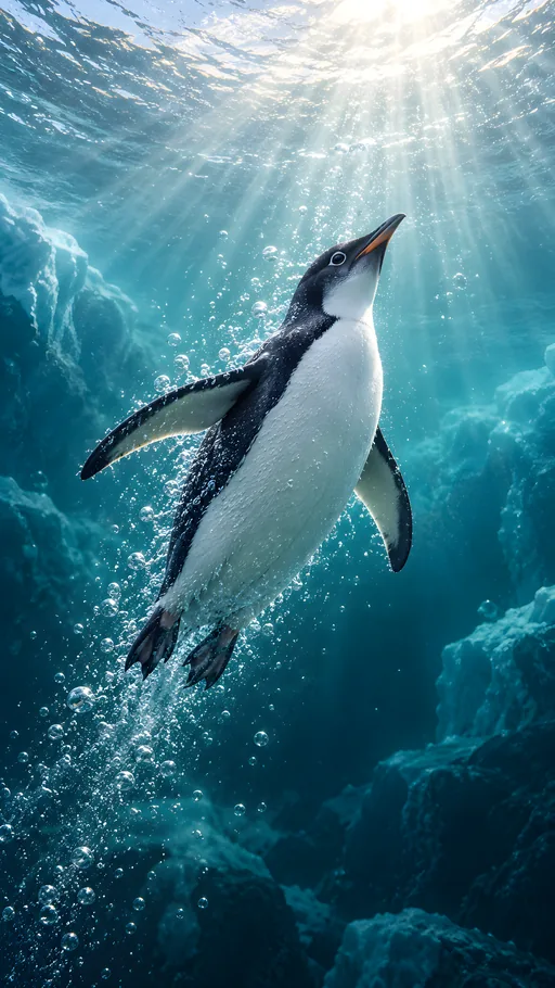 Penguin Swimming Through Sunbeams — Animals & Wildlife wallpaper