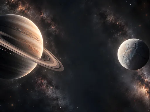 Ringed Planet and Icy Moon — Space wallpaper