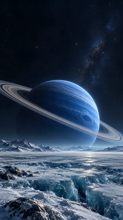 Ringed Planet Over an Icy Plain — Space wallpaper